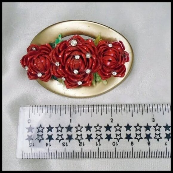 Red Roses Hair Clip Barrette With Rhinestones - Scarf Slide - Choker Clip - Picture 7 of 10